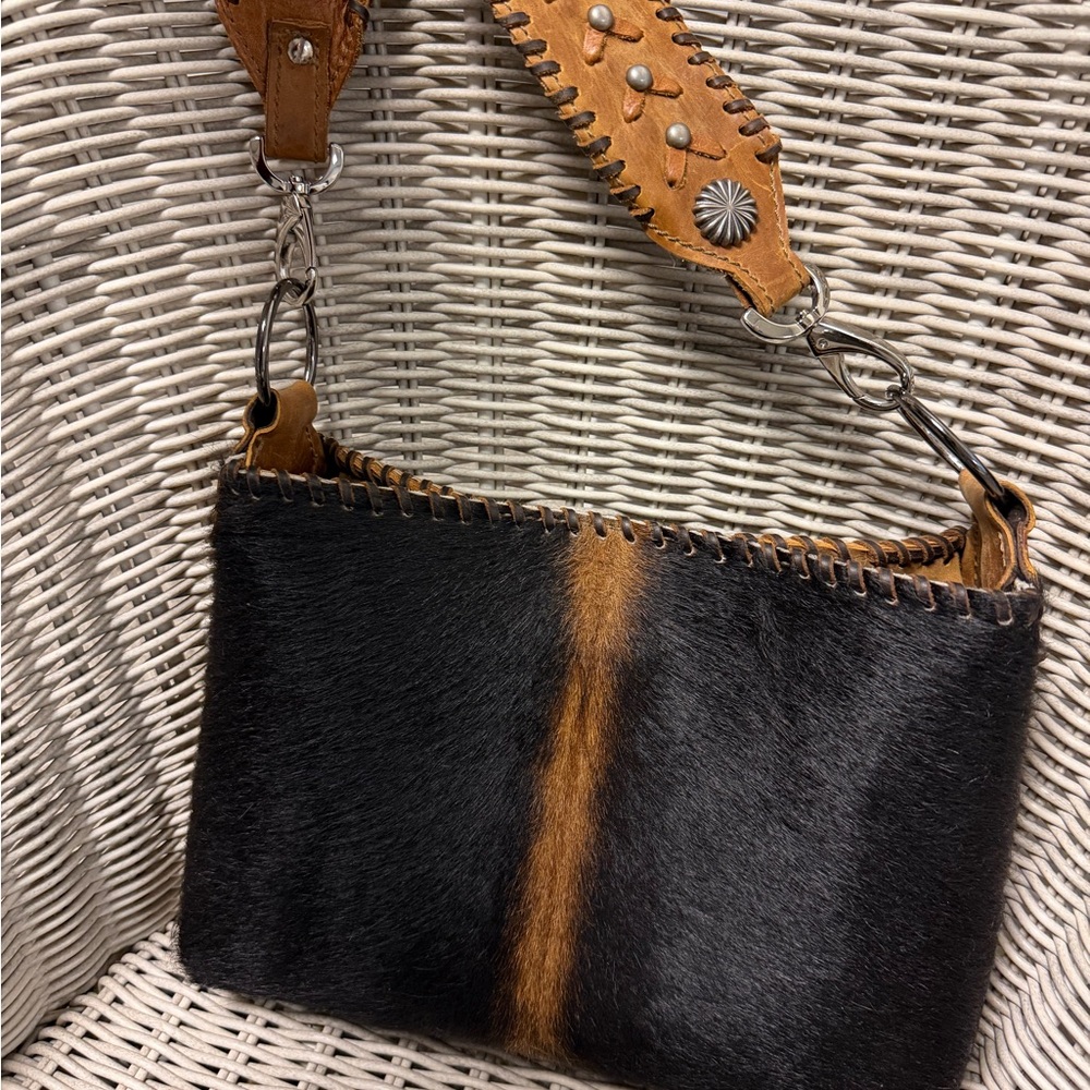 Leather Black Purse Cowhide Bag with Tan Accent DCL Custom Design Leather - Picture 7 of 8